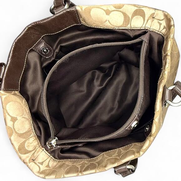 COACH F15510 Ashley Signature Sateen Carryall Khaki Gold Mahogany Leather Silver - Picture 9 of 16